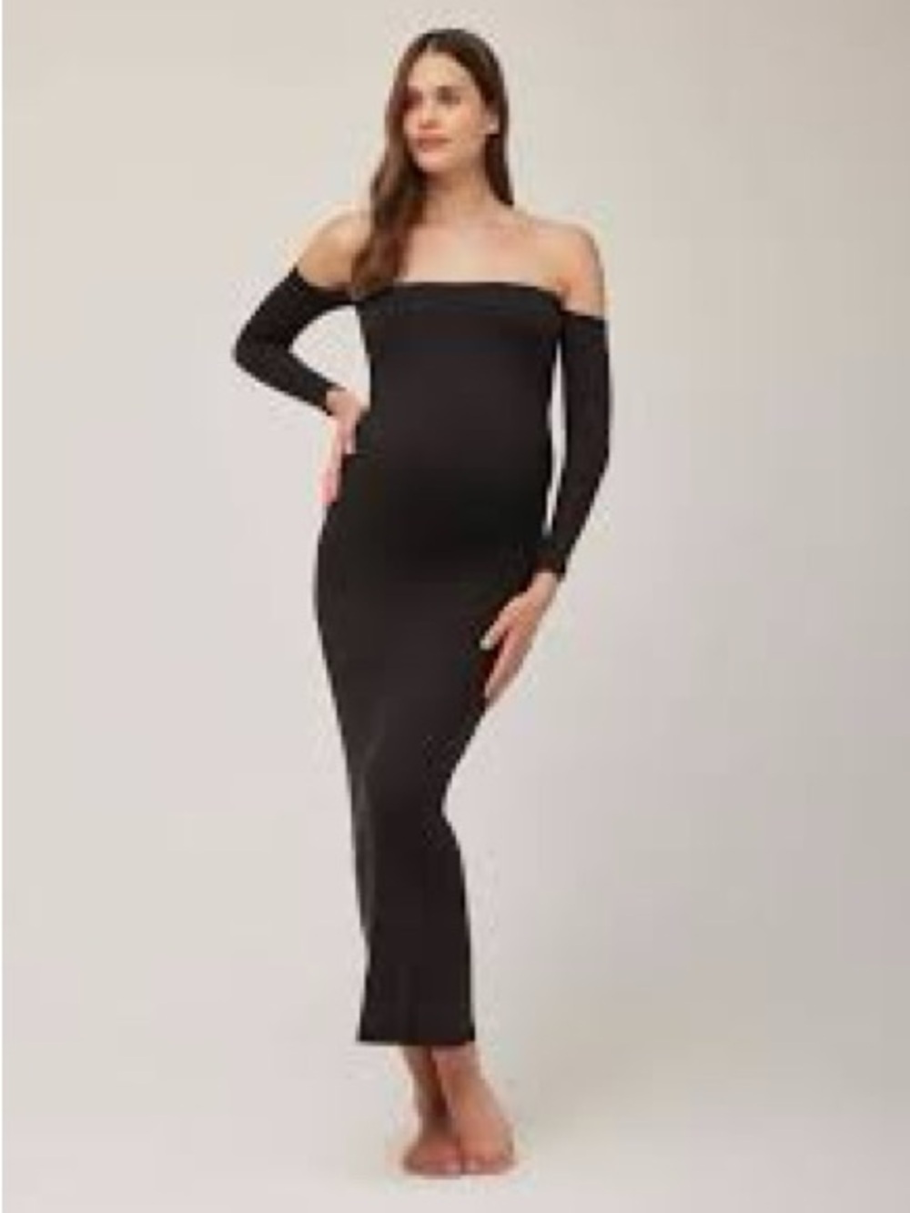 Off-Shoulder‎ Black Midi Dress with Long Sleeves